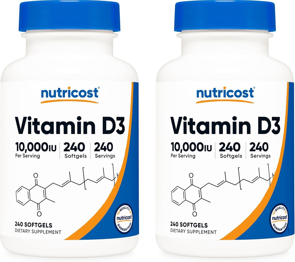 Nutricost D3-vitamiini 10 000 IU, 240 pehmeää geelikapselia (2 pulloa)