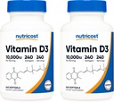Nutricost D3-vitamiini 10 000 IU, 240 pehmeää geelikapselia (2 pulloa)