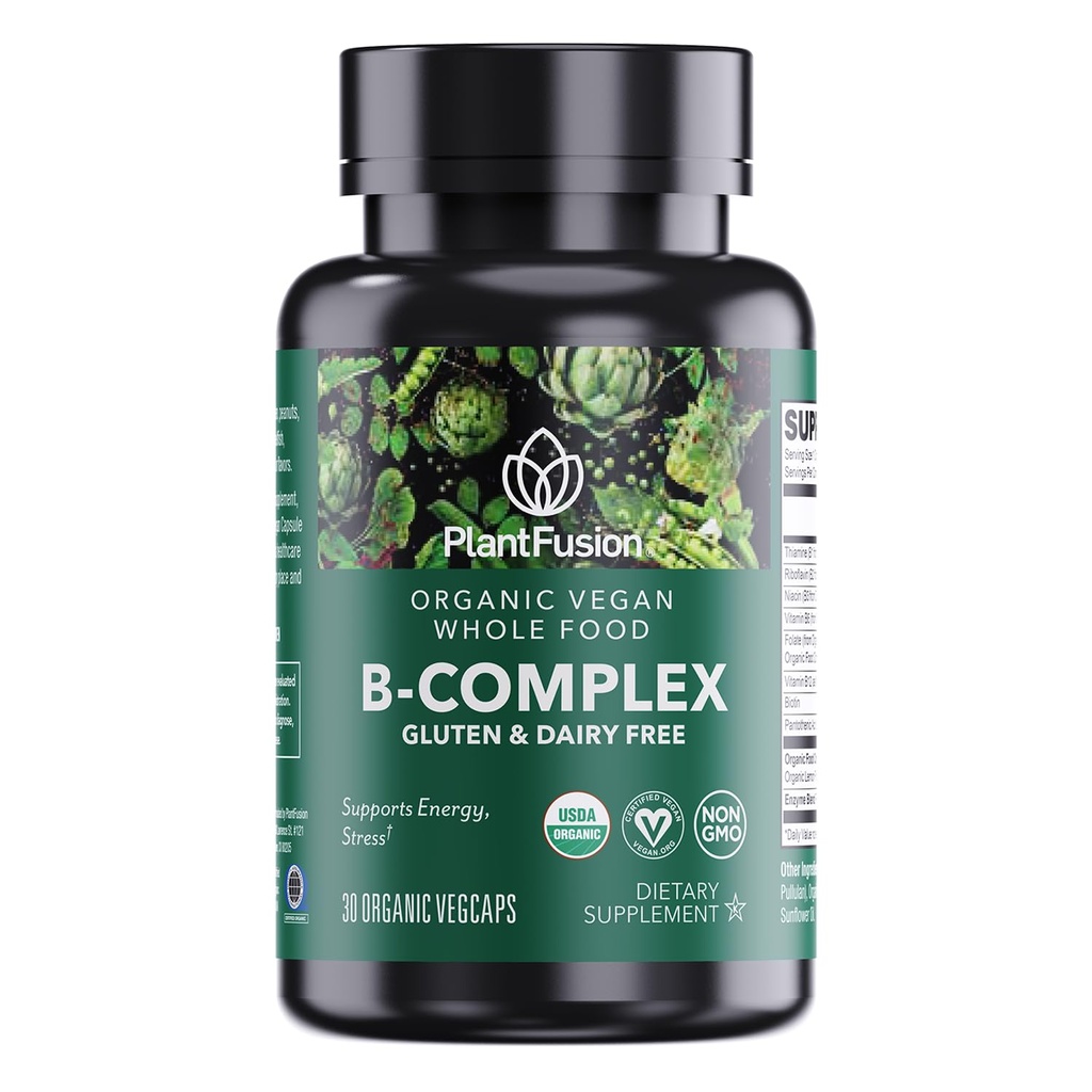 KasviFusion Organic B-vitamiini Complex, Vegaanikokonainen elintarvikkeiden täydennysosa energia- ja aineenvaihduntaa varten, metyyli-B12, Guava, sitruuna- ja basilika, ei-GMO:t, gluteeniton - 30 kapselia