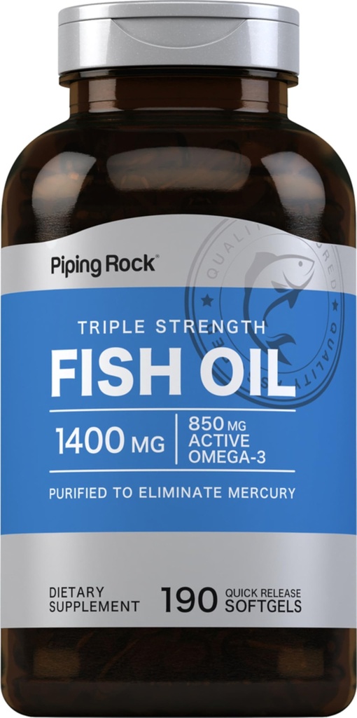 Piping Rock Fish Oil Omega 3 Supplement | 1400 mg | 190 Softgels | för kvinnor och män | Triple Strength | med EPA & DHA | Non-GMO & Gluten Free