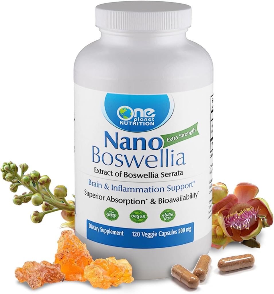 One Planet Nutrition Nano Boswellia 500 mg Kasviskapselit (120 tarjoilua), Boswellia serrata hartsi, tukee kognitiivinen toiminto aivojen terveyttä, ei-GMO, Vegan, Gluteeniton