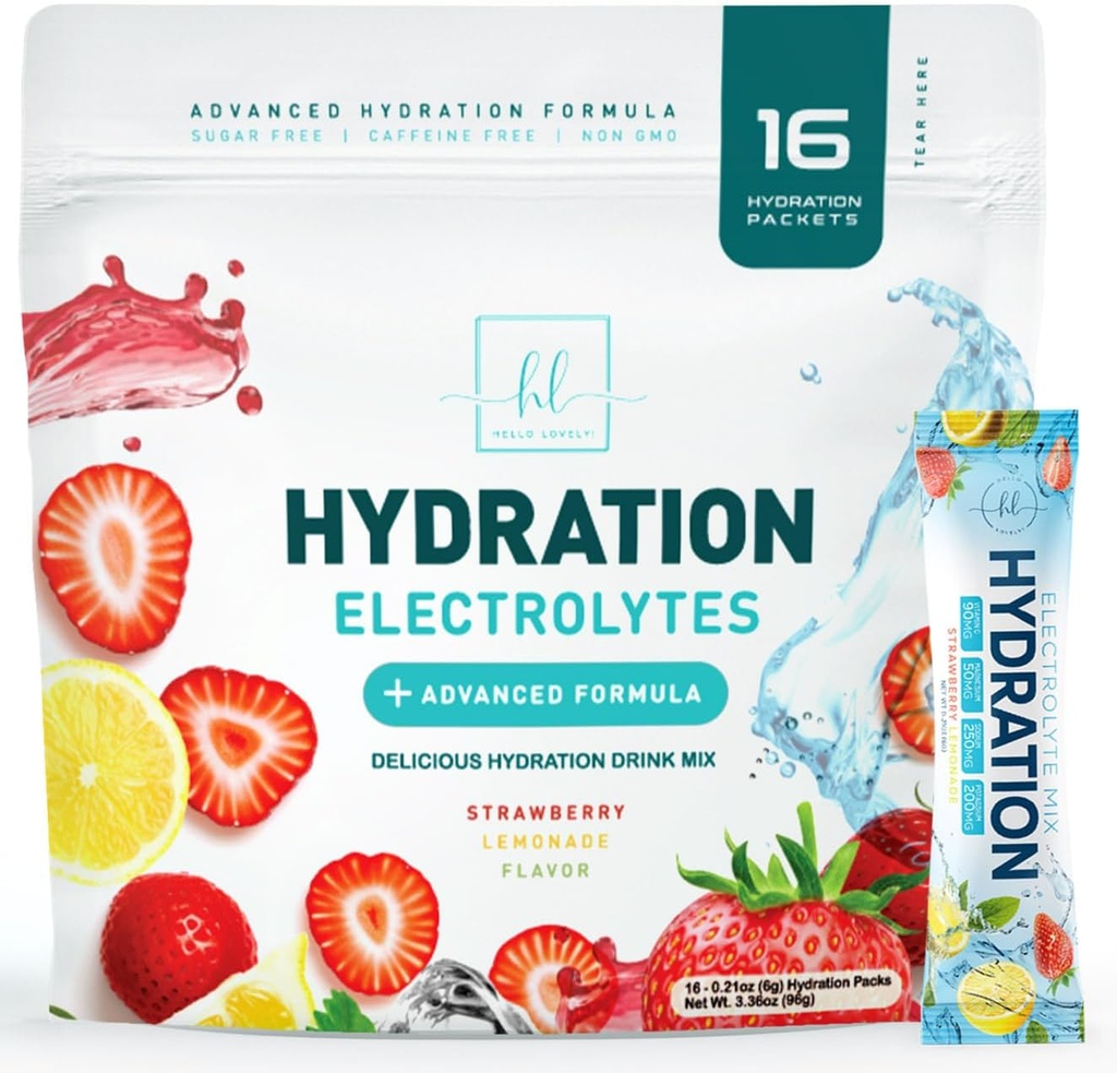 Electrolytes Hydration Packets - Keto Recovery Powder med kalium, Magnesium, Natrium, Zink & Vitamin C, Sugar-Free, Hydration Electrolyte Liquid Drink Mixes, Vegan, Strawberry Lemon (16 Pack)