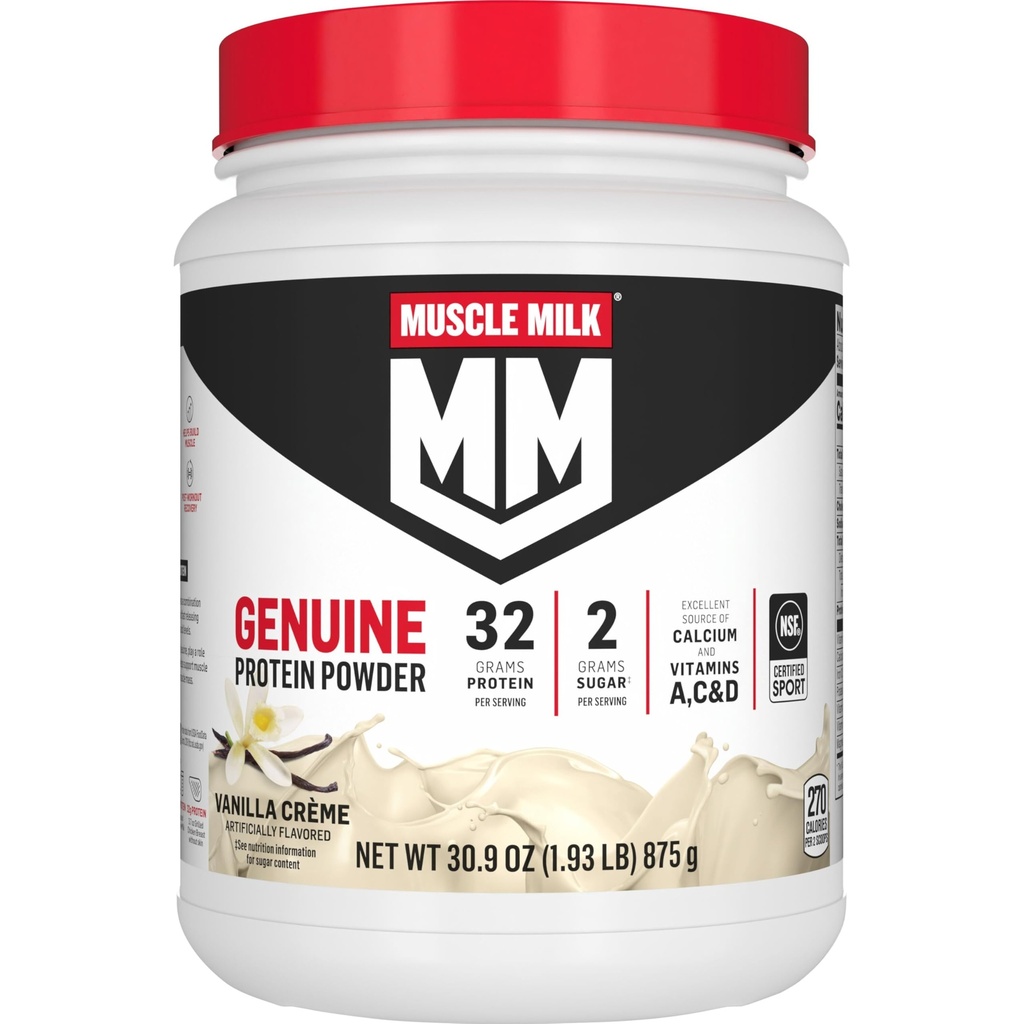 Muskelmjölk äkta proteinpulver, Vanilla Crème, 1,93 pund, 12 portioner, 32g protein, 2g socker, kalcium, vitamin A, C & D, NSF certifierad för sport, Energizing Snack, Packaging May Vary