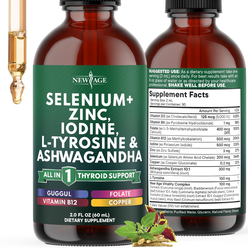 Kilpirauhasen tukidropit - Selenium, Sinkki, Jodi, L Tyrosine, Ashwagandha, Turmeric, Schisandra Guggu, Cayenne, Basil - Liquid Supplement Folaatti kuparialkoholi - Free, Vegan, ei-GMO 2 oz