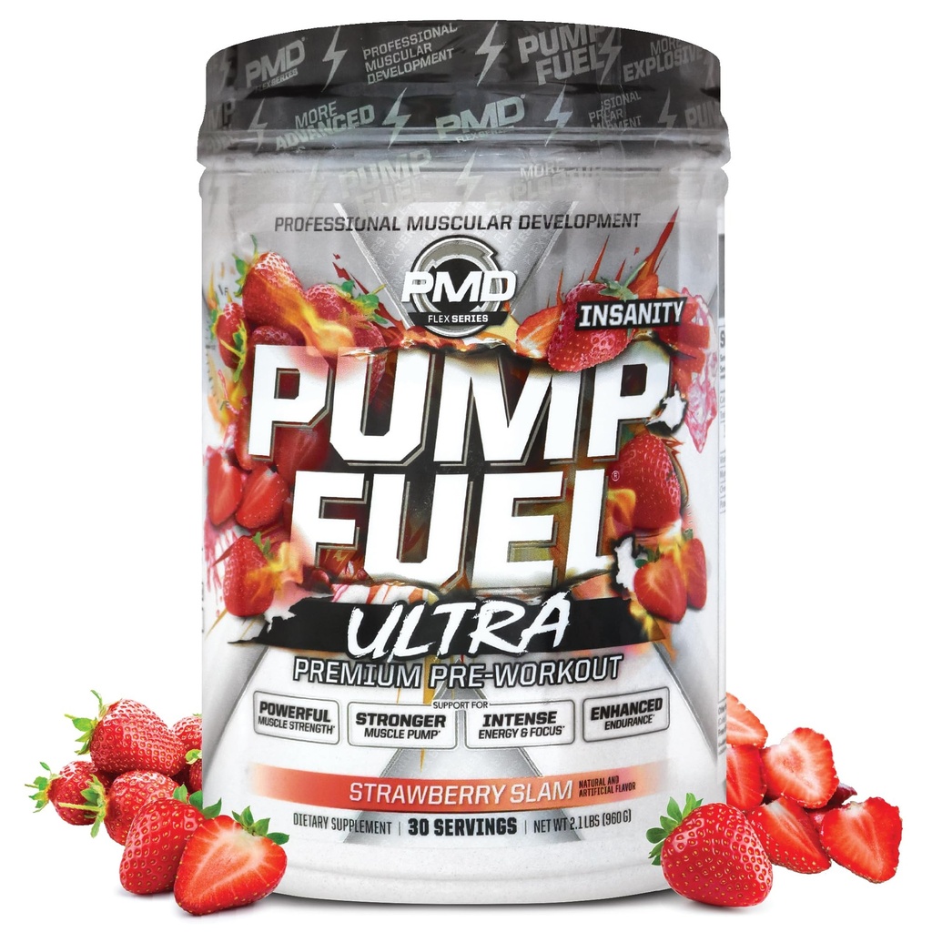 PMD Sports Pump Fuel Ultra Insanity - Premium Pre Treout Powder & Muscle Pump, Suurempi Focus, Endurance & Recovery, Premium Creatiini, Arginiini & Beta Alanine - Mansikka Slam (30 Servings)