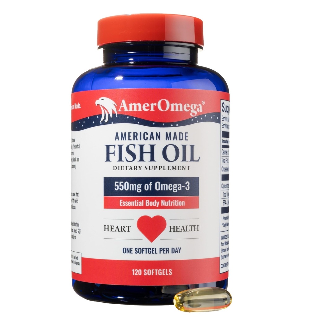 AmerOmega Triglyseride Omega-3 Fish Oil for Heart Health Support - Wild-Caught Alaska Walleye Pollock - American-Sourced, American-Made - Ei-GMO, Gluteeniton & Dairy-free - 120 Softgels