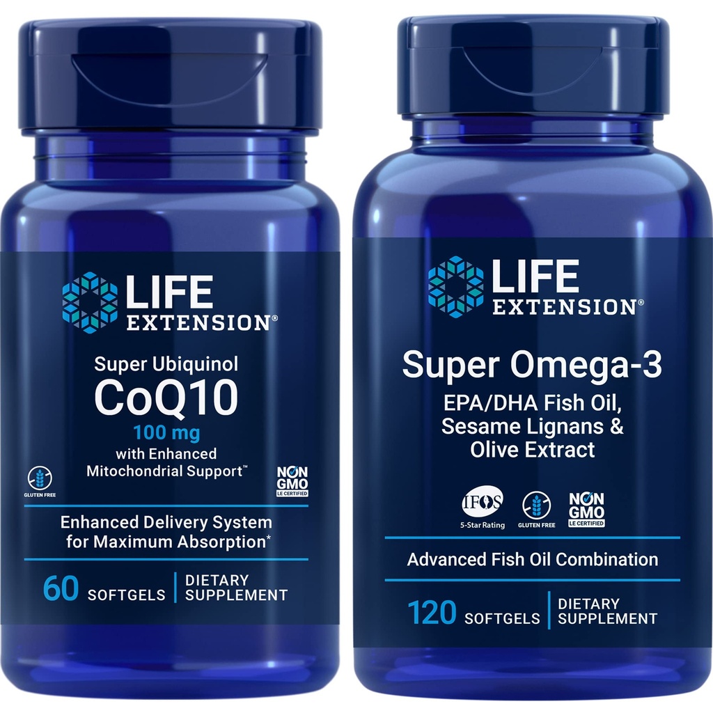 Life Extension Super Ubiquinol Coq10, 100 Mg, 60 Softgels | Super Omega-3 Epa / dha Fish Oil, 120 Softgels | Hjärt- och hjärnhälsotillskott, Inflammation Management, Anti-Aging Support.