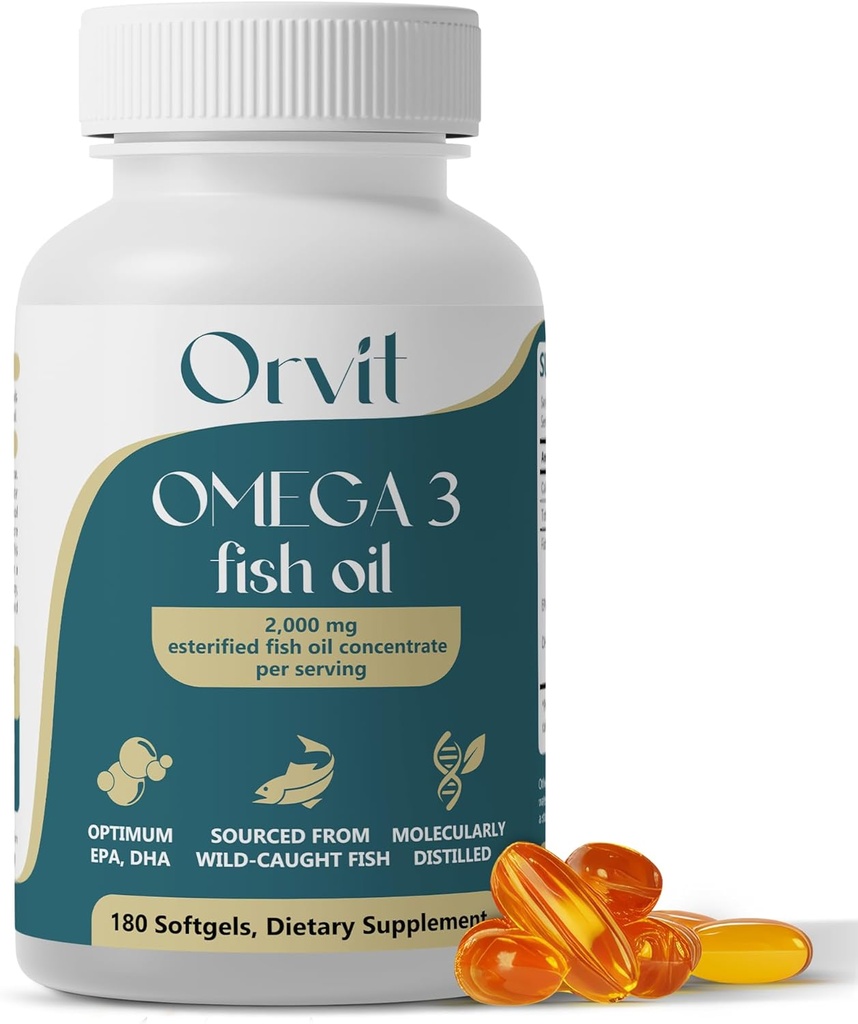 ORVIT Omega 3 Fish Oil Softgel 2000 mg - Ultimate EPA DHA Supplement for Miehet ja naiset - Burpless - No Fishy Taste - Ei maku 180 Softgels - Organic, Non GMO - Made in the USA