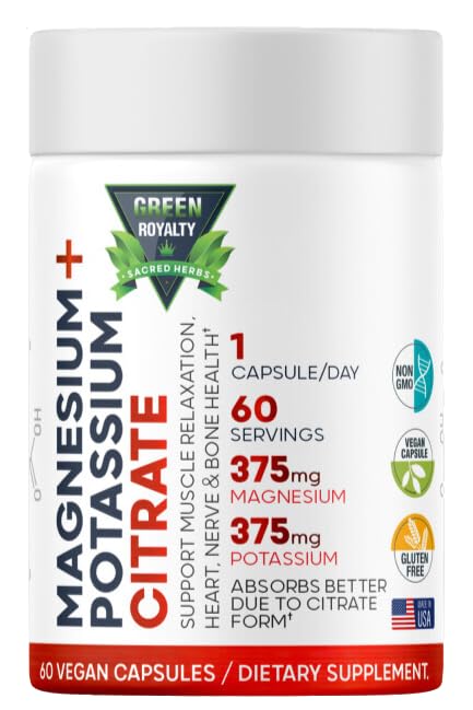 Magnesiumsitraatti + kalium 60 Premium Vegaanikapselit(Citrate 375 mg) + (375 mg Kalium) Ei GMO, Gluteeniton - Korkea Imeytyminen täydentää valmistettu Yhdysvalloissa