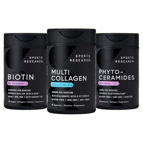Sports Research Vegan Biotin 10 000 mcg Coconut Oil, Multi Collagen Pills (tyyppi I, II, III, V, X) Hydrolysed Collagen Peptides with Hyaluronic Acid + C-vitamiini & Phytoceramids 350 mg per Softgel
