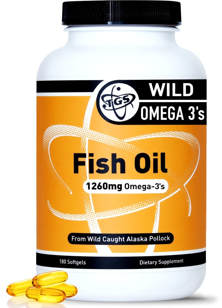 TGS Triple Strength Omega 3 Fish Oil Supplement - 1260mg EPA DHA för Män & Kvinnor - Burpless, Pure Omega 3 Fatty Acids från Wild Alaska Pollock i Triglyceride Form - 180 kapslar, 90 portioner