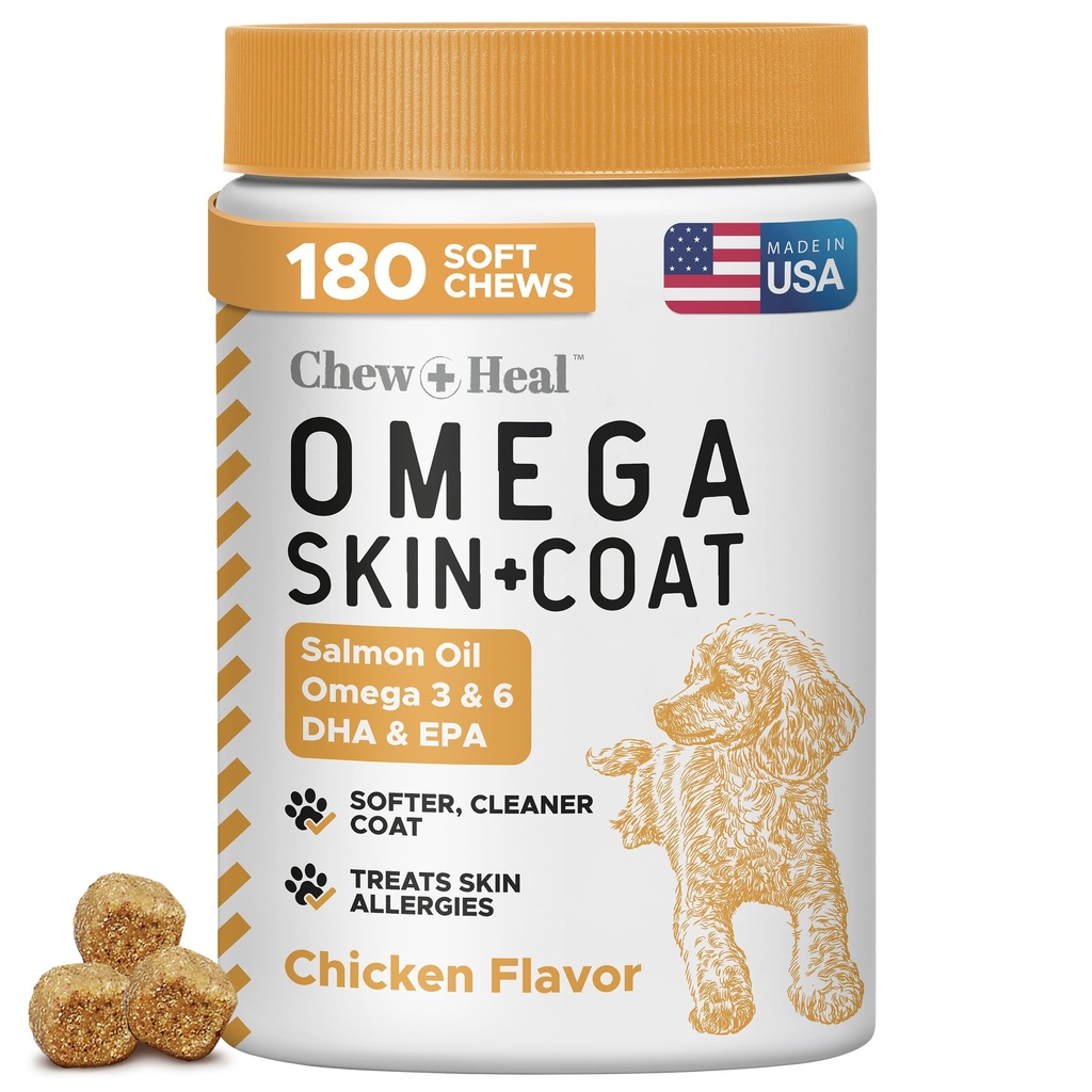 Lohiöljy koirille - 180 Soft Chew Omega Treats for Skin and Coat - Fish Oil Blend of Essential Favoids, Omega 3 ja 6, Vitamiinit, Antioksidantit ja Minerals - valmistettu USA