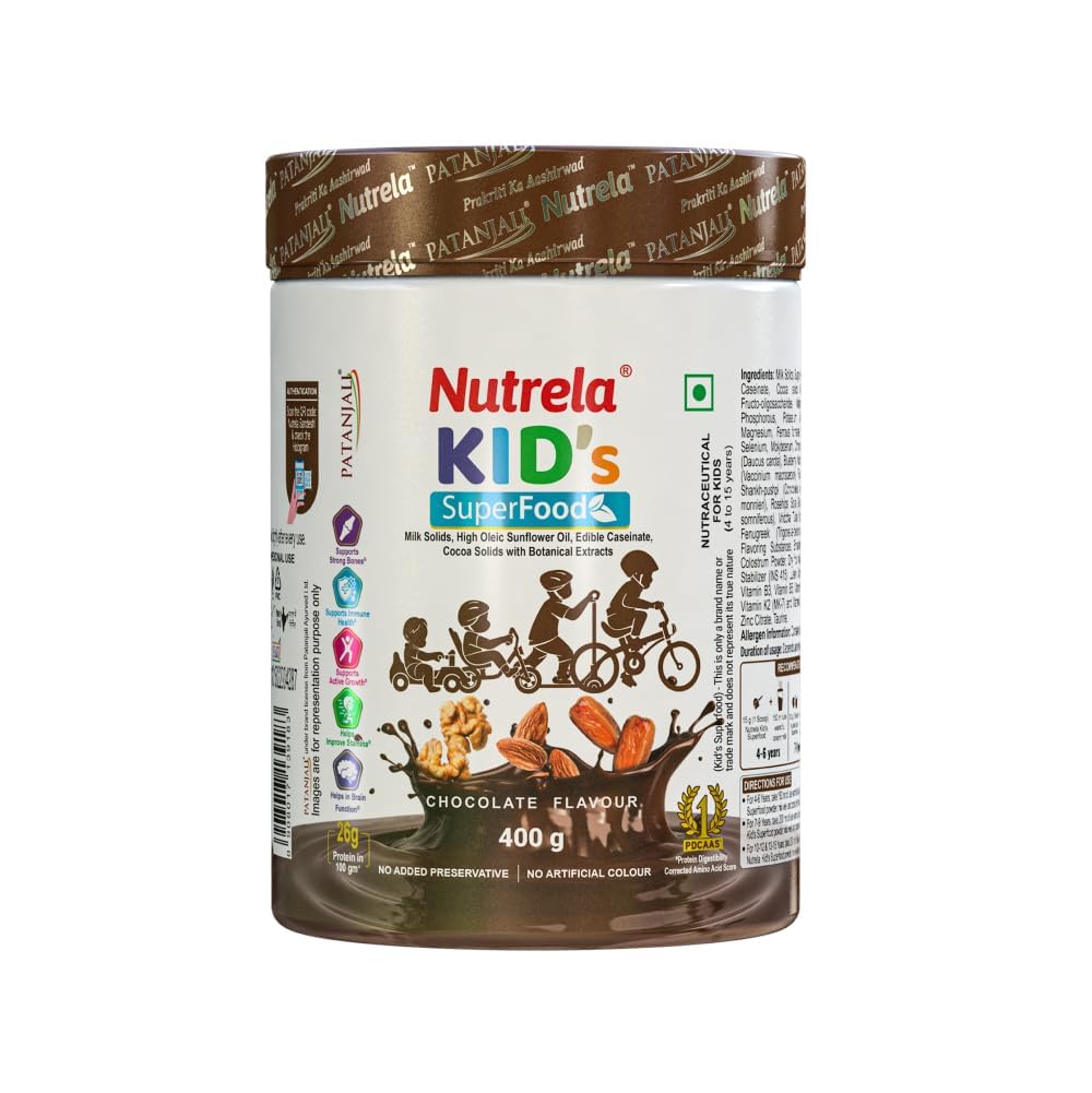 Nutrela Kids Protein Powder, Chocolate Flavour, 400g, Muistin ja aivojen kehitys, lihasmassa, luu- ja hampaiden vahvuus
