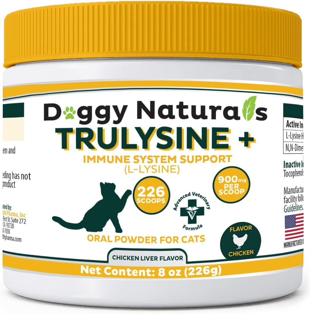 Trulysine Plus L-Lysine Cats Immuuni tuki oraalijauhe 8oz/226g - Kissat ja kissat kaikenikäisiä, aivastus, Runny nenän siristely, Watery Eyes Chicken Liver Flavor (USA)(226 Grams (900 mg / Scoop))