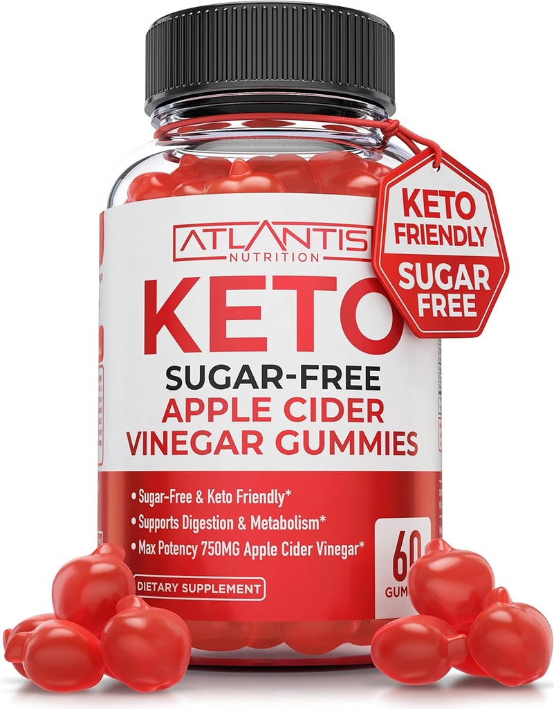 Atlantis Nutrition Sugar-Free Keto ACV Gummies för viktminskning - Apple Cider Vinegar Gummies Formulerad med 750MG ACV Per Servering - Stöder Digestion, viktminskning, Detox & Cleansing - 60 Räkna