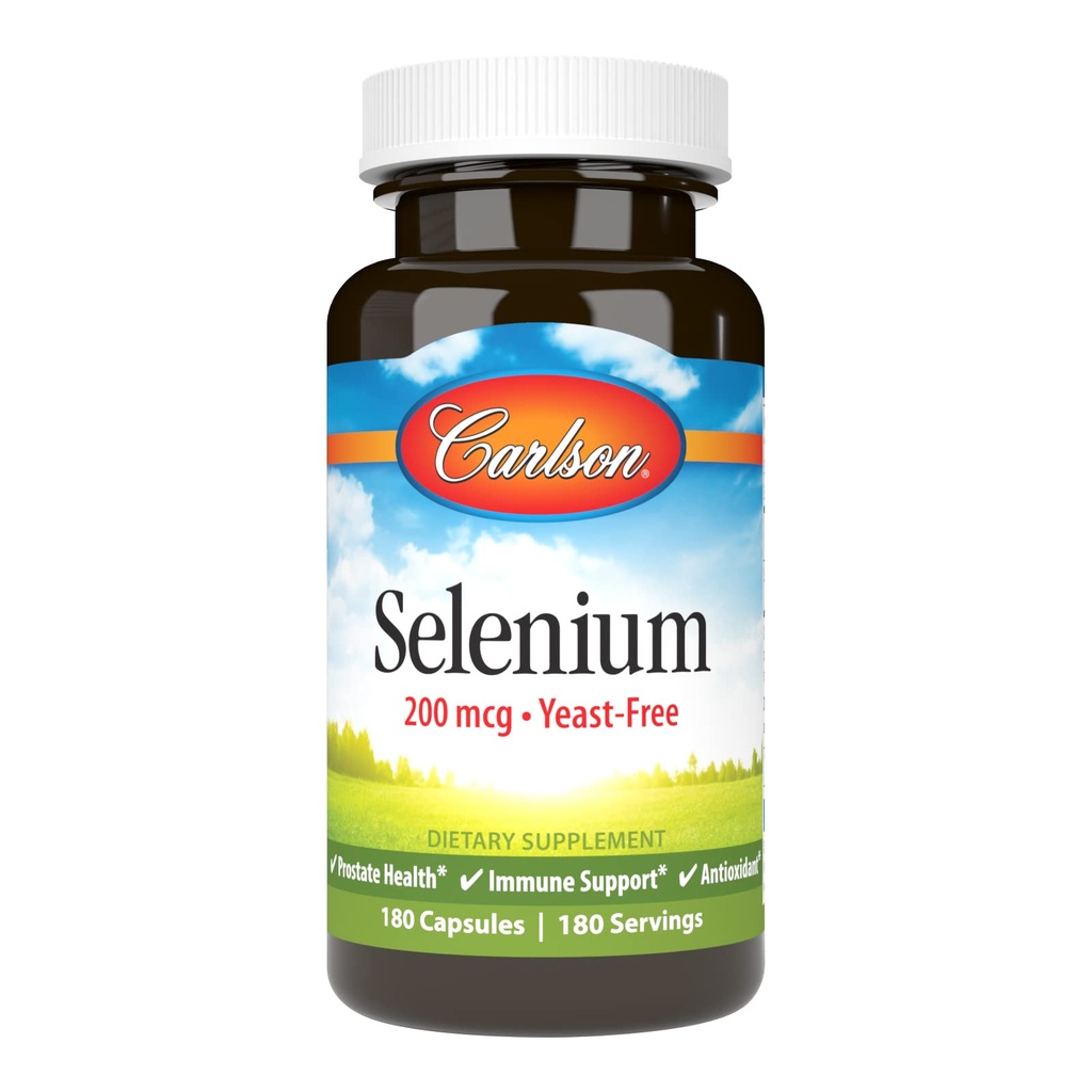 Carlson - Selenium, 200 mikrog Jeast-Free, Eturauhasen terveys- ja immuunituki, antioksidantti, 180 kapselia