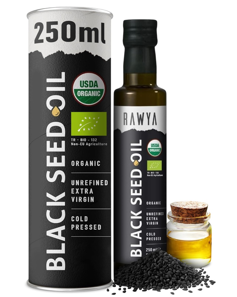 RAWYA Black Seed Oil - USDA Organic Certified - Cold Pressed - 8,4 Floz - Extra Neitsyt - Turkkilainen Musta Cumin Seed - Premium Nigella Sativa Thymokinonin kanssa - Kalonji - ei-GMO, Gluteenittomat - Ravintolisät - Erittäin vahva maku