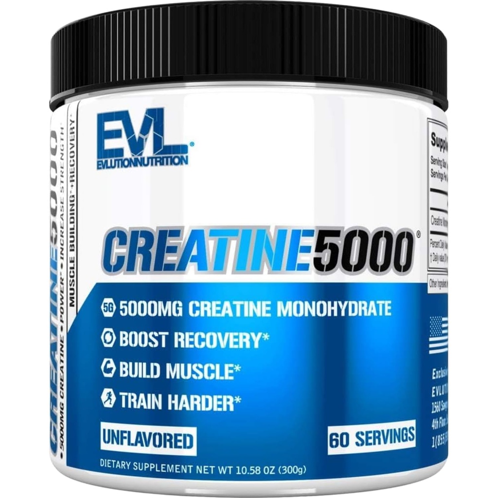 Evlution Nutrition Creatine 5000 - Stöder snabbare återhämtning, Lean Muscle Growth & Performance - Pre & Post Workout Powder - 5000mg Pure Creatine Monohydrate Per Servering - 60 portioner - Osmakad