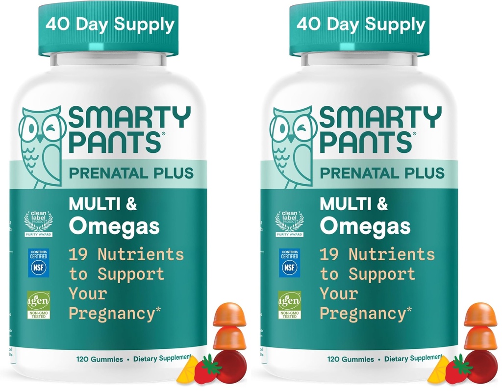 SmartyPants Prenatal Multitamine Gummies, Omega 3 (DHA/EPA), Metyylifolaatti, biotiini, D3-vitamiini, C-vitamiini, B12-vitamiini, B6, A-vitamiini, K & sinkki, gluteeniton, 120 kreivi (40 päivän toimitus) (pakkaus 2)