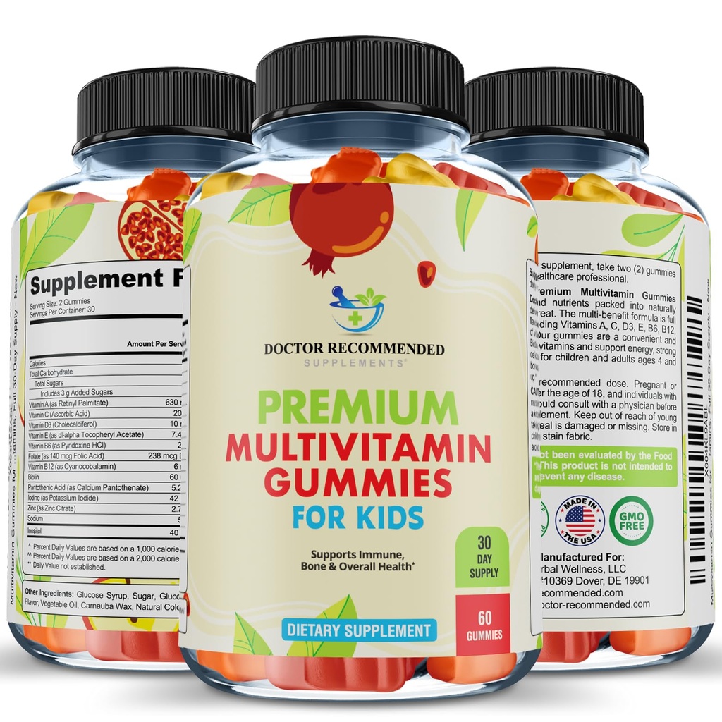 Premium Multivitamin Gummies för småbarn och barn - Chewable Essential Daily Vitamins A, C, D3, E, B6, B12, Biotin - Ingen High-Fructose-Corn-Syrup eller Artificial Sweeteners - 60 Gummies, 30-dagars leverans
