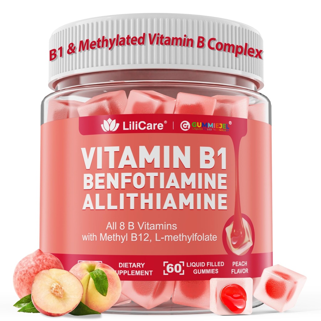 Vitamin B1 & Methylated Vitamin B Complex Gummies - Alla B Vitaminer, Benfotiamine, Thiamine & Inositol, Methylated B1 B2 B6 Multivitaminer, L-metyllfolat, Methyl B12 för Nerve Cognition Energy, 60 Cts