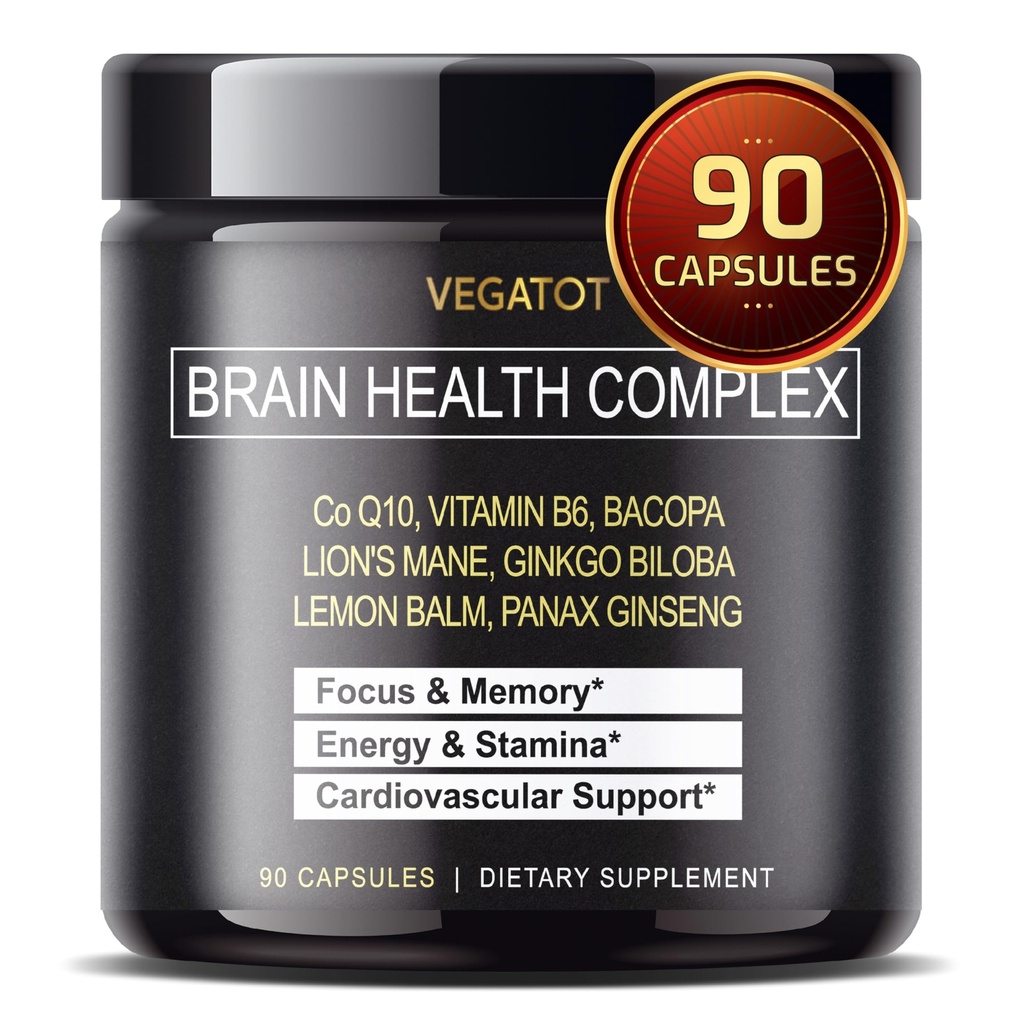 VEGATOT Brain Booster Brain Health Complex Supplement tiivistetty CoQ-10 VIT B6 Lion Mane Biloba sitruuna balm Ginseng - Focus muisti energiaa