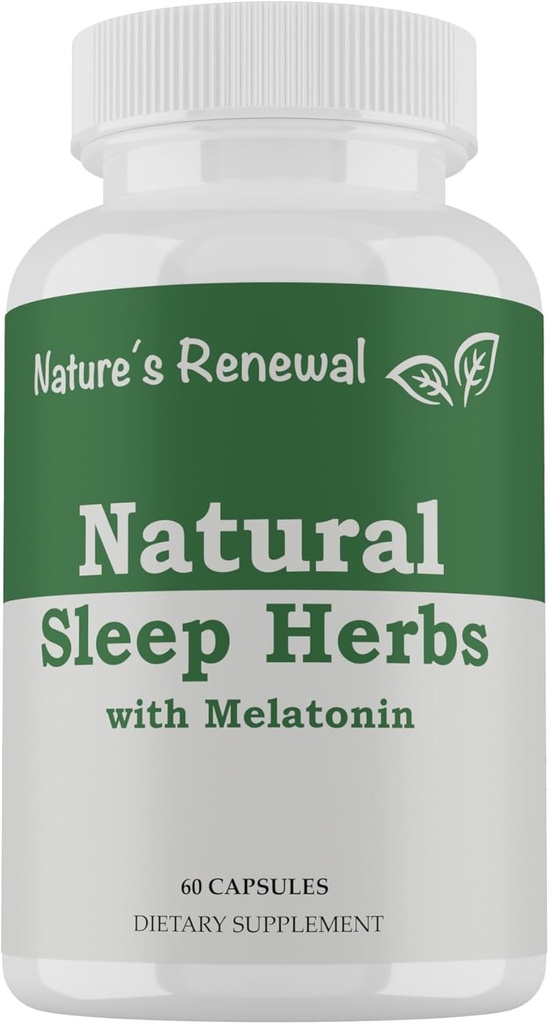 Luonnon uusiminen Natural Sleep Supplement - Melatoniini, Valerian Root, Ashwagandha, Magnesium, kamomilla, Nighttime Homeopathic Herbal Uniapu aikuisille - 60 kapselia