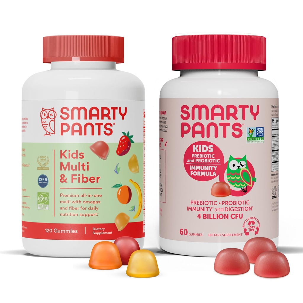 SmartyPants Kids Multivitamin Fiber Supplement Gummies och Probiotic Immunity Bundle: Omega 3 Fish Oil (EPA / DHA), Vitamin D3, C, Vitamin B12, B6, Digestive & Immune Support Supplement (30 Day Supply)
