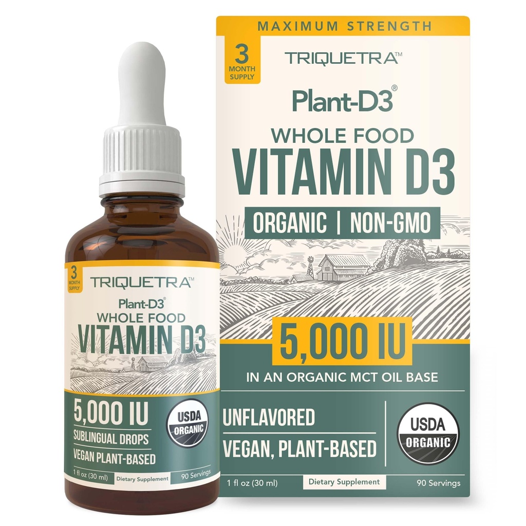 Kasvi-D3 Orgaaninen D3 5000 IU - Vegan, Max vahvuus Alalinguaalinen neste D3 Drops - 200% suurempi Imeytyminen - 100% Plant-Based Kolekalsiferoli Form - Säädettävä annostus kaikenikäisille (1oz Liquid)