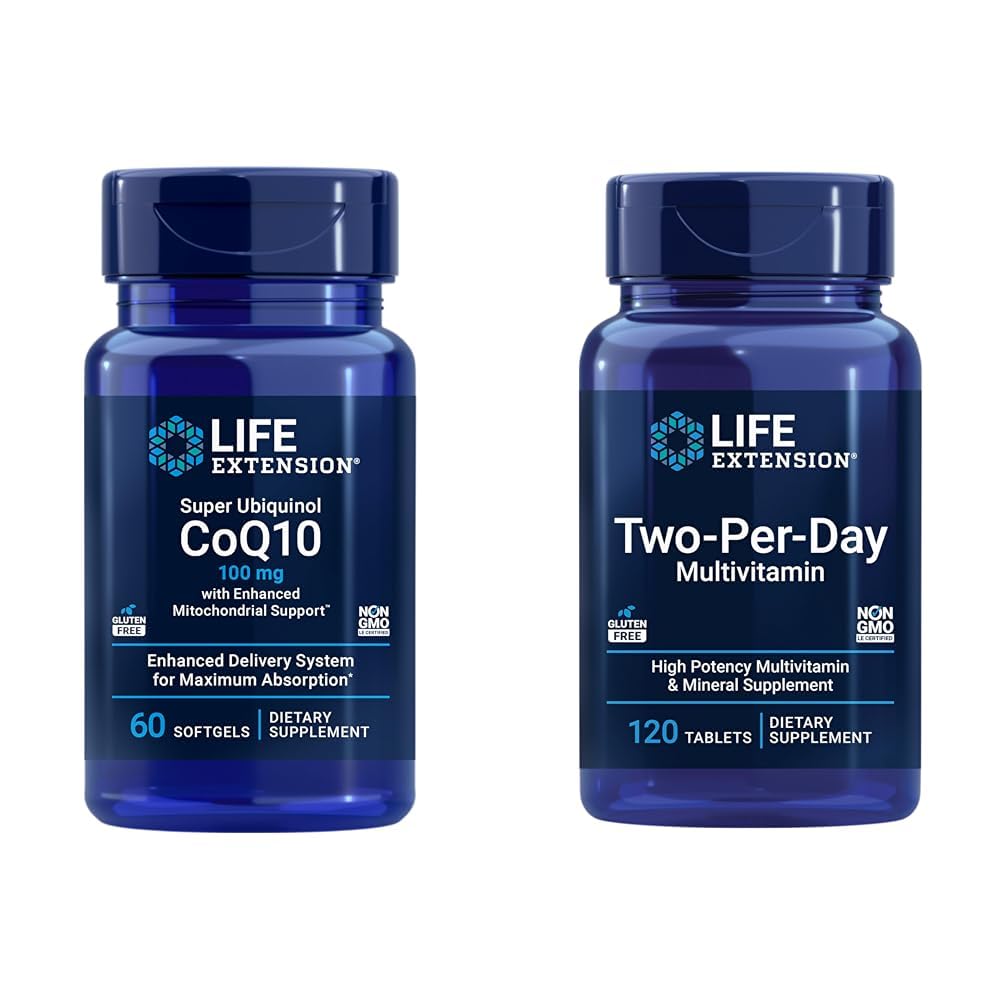 Life Extension Super Ubiquinol CoQ10 Heart & Cell Energy Support med två-per-Day High Potency Multi-Vitamin & Mineral Supplement, 60 Softgels & 120 tabletter