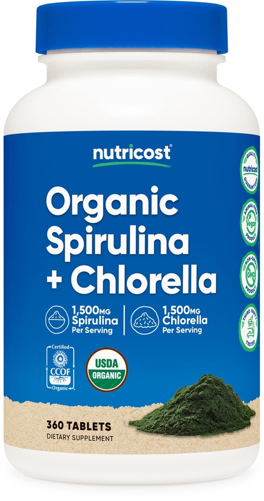 Nutricost Organic Spirulina + Clorella (3 000 mg) 360 tablettia - USDA Organic, 1500 mg Spirulina, 1500 mg Klorella, Vegan, GMO-vapaa, gluteeniton, 60 tarjoilua