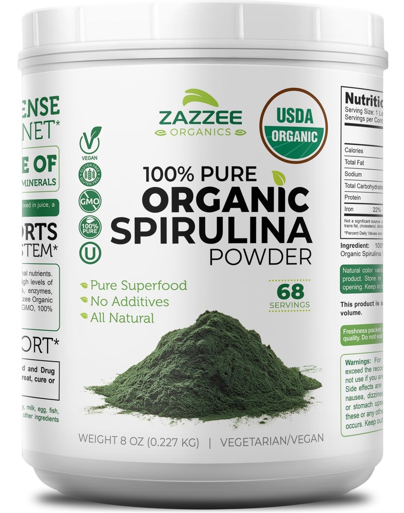 Zazzee USDA Organic Spirulina Powder, 8 Ounces, 68 Servings, Certified Kosher, 100% puhdas, ei-irr säteily, Mess-free Wide Mouth Container, Fresh Smell and Neutral Taste, non-GMO, Made in USA