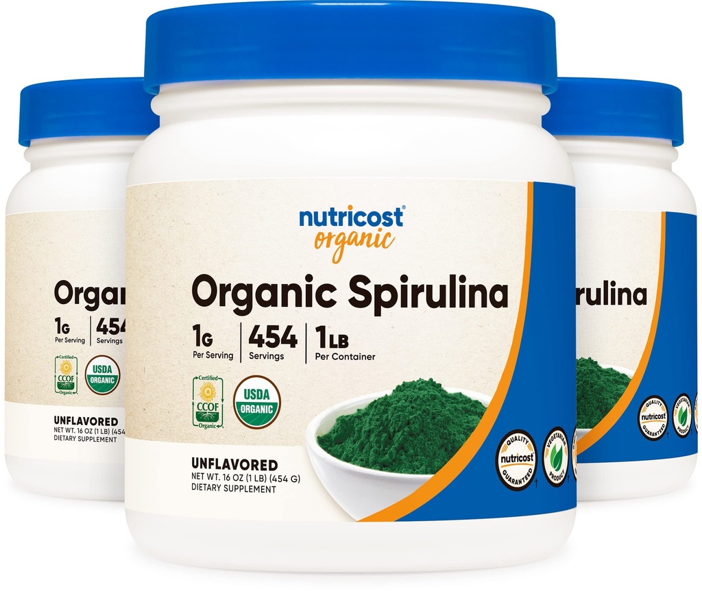 Nutricost Organic Spirulina Powder Unflavored, 1LB Container för 454 portioner (3 flaskor) - Vegan, GMO Free och Gluten Free