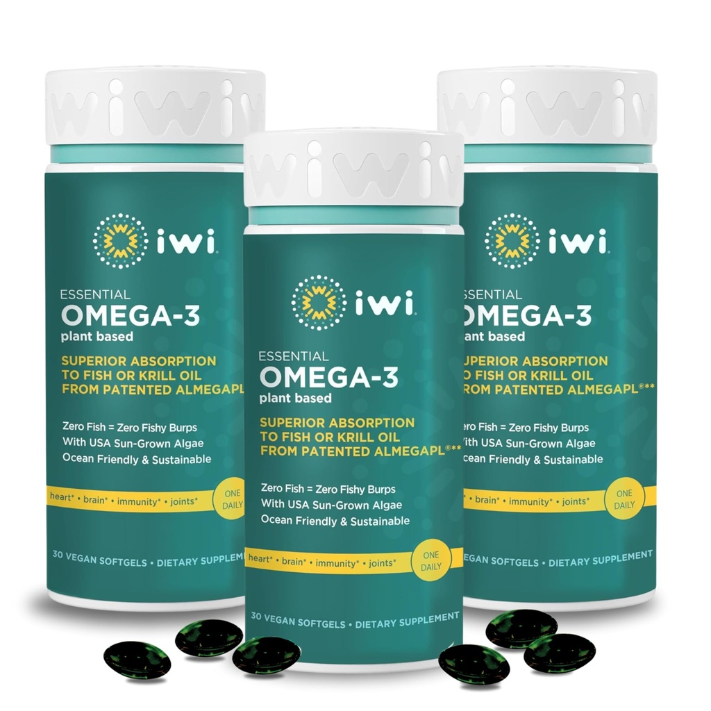 Iwi Omega-3 Essential, 90 Softgels (90 tarjoilua), Plant-Based Algae Omega 3 EPA + DHA, aivot, sydän ja immuuni tuki ravintolisä, Krill & Fish Oil Vaihtoehtoinen, Ei kalainen Jälkimaku