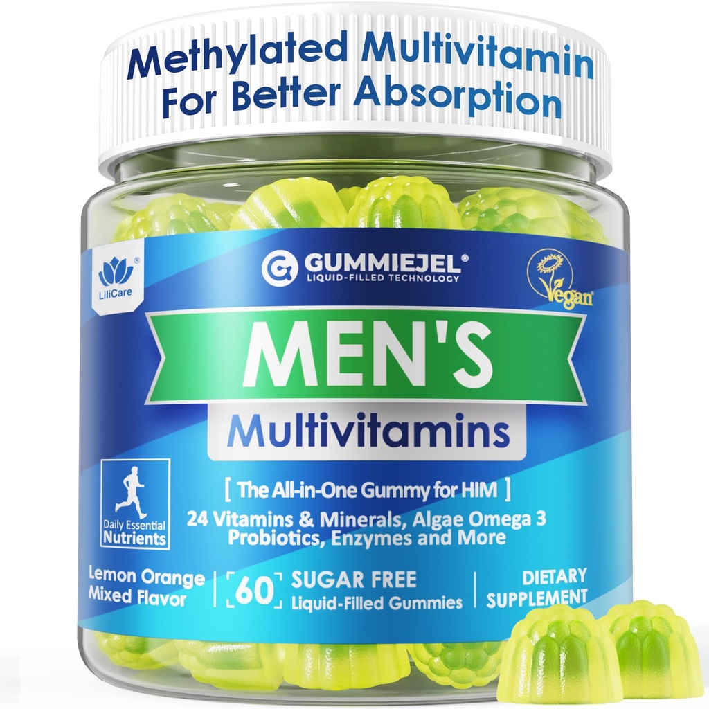 Mens Multivitaminer Gummies, Methylated Multivitamin för Män, B Complex, Minerals, Vegan Omega 3, Probiotic, Enzym, Antioxidanter för Mäns fullständiga dagliga stöd, Sugar Free, Vegan (No Iron) 60 Counts