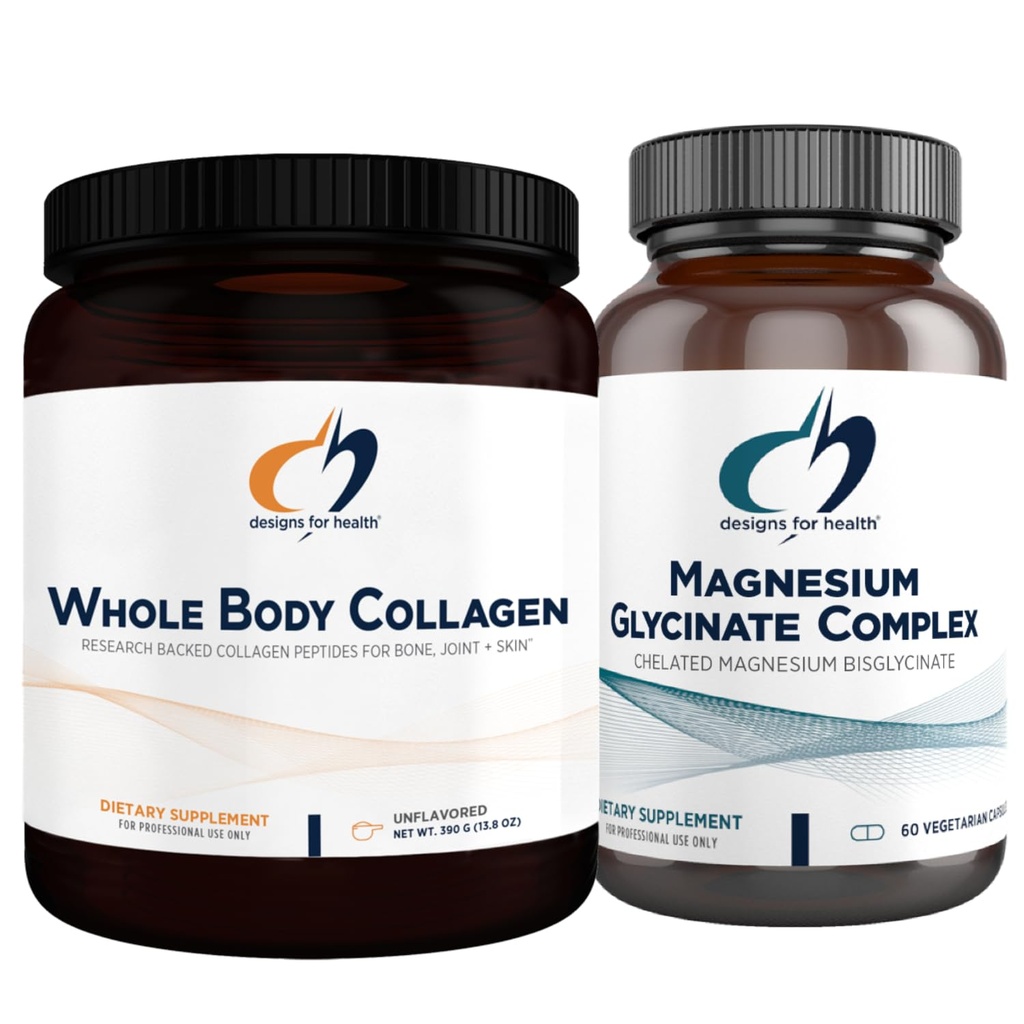 Designs for Health Magnesium Glycinate Complex (60 kapselia) & Koko kehon kollageeni (30 annosta) Bundle - High Absorption Magnesium Premium Collagen Powder tukee luut, iho & nivelet