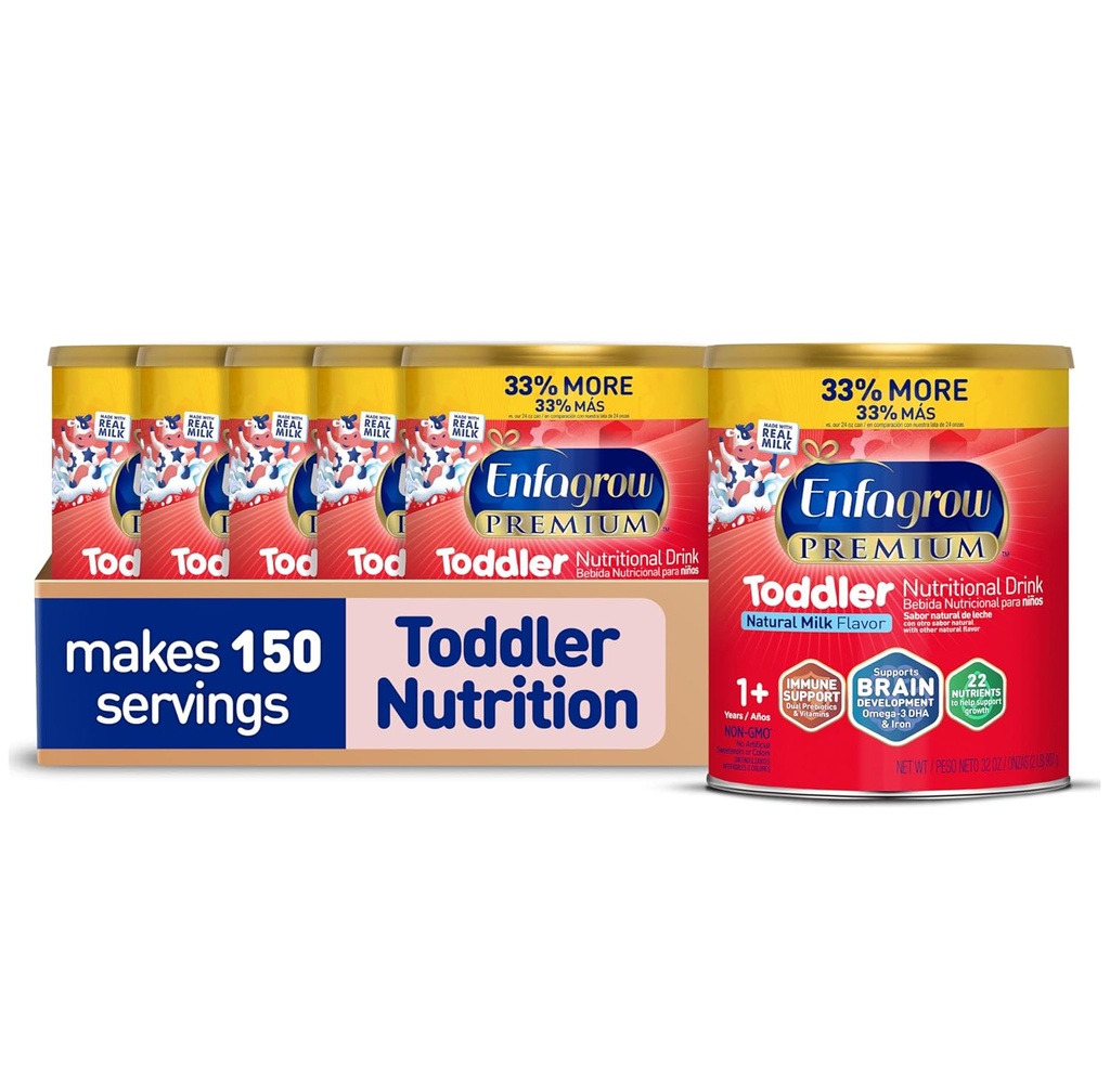 Enfagrow PREMIUM Toddler Nutritional Drink, Made with Real Milk, Brain-Building Omega-3 DHA, Nutrients and Prebiootit for GMO Support, non-GMO, Toddler Milk Powder, 32 Oz Can, 6 Count
