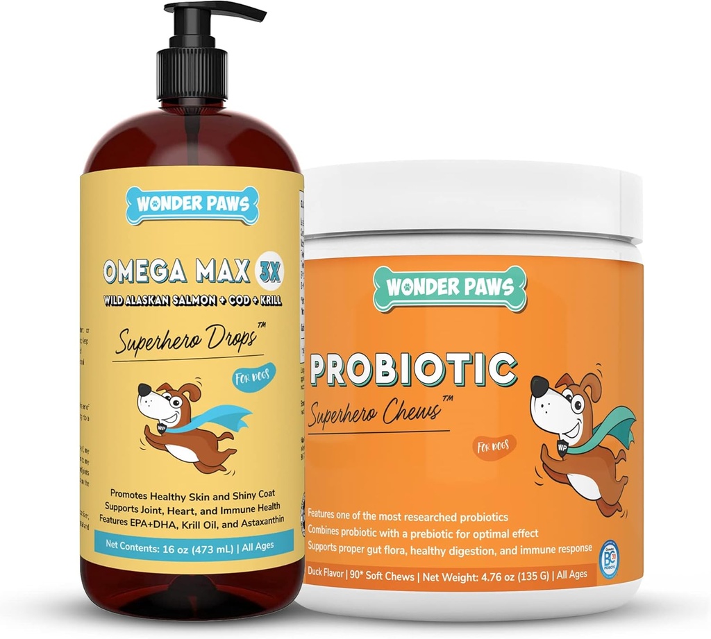 WONDER PAWS Omega Max Fish Oil Plus Probiootti purukumia - koiran yhteinen terveys, ihon kosteus, Gut Health & Daily Wellness - Omega Max 16 Ounces - Probiootti 90 purukumia