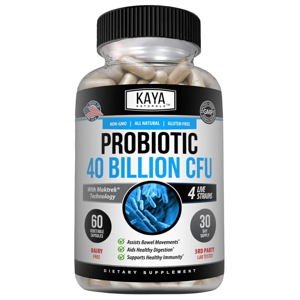 Kaya Naturals Probiotic 40 Billion CFU - Probiotics for Women, Probiotics for Men and Adults, Natural - Gut Health & Immune Support Supplement - Provides Digestive Support - 60 Vegetable Capsules