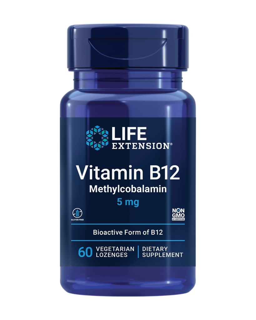Life Extension-vitamiini B12 Methylcobalamiini, Nerve Health Supplement, Kognitiivinen tuki, energia-vitamiini, metyylikobalamiini B12, 5 mg, Quick-solving, Gluteeniton, ei-GMO, kasvissyöjä, 60 lesbot