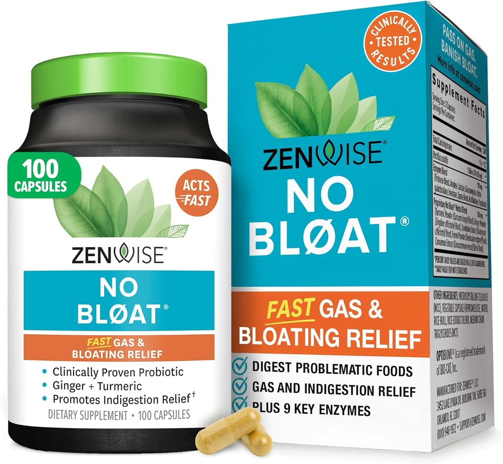 Zenwise Health No Bloat Dgestive Enzymes for Gut Health, Gas & Bloating Relief - Multi Entsyymit Digestion täydentää probiootit, inkivääri, Turmeerinen voide & laktaasi - miehet & naiset - 100