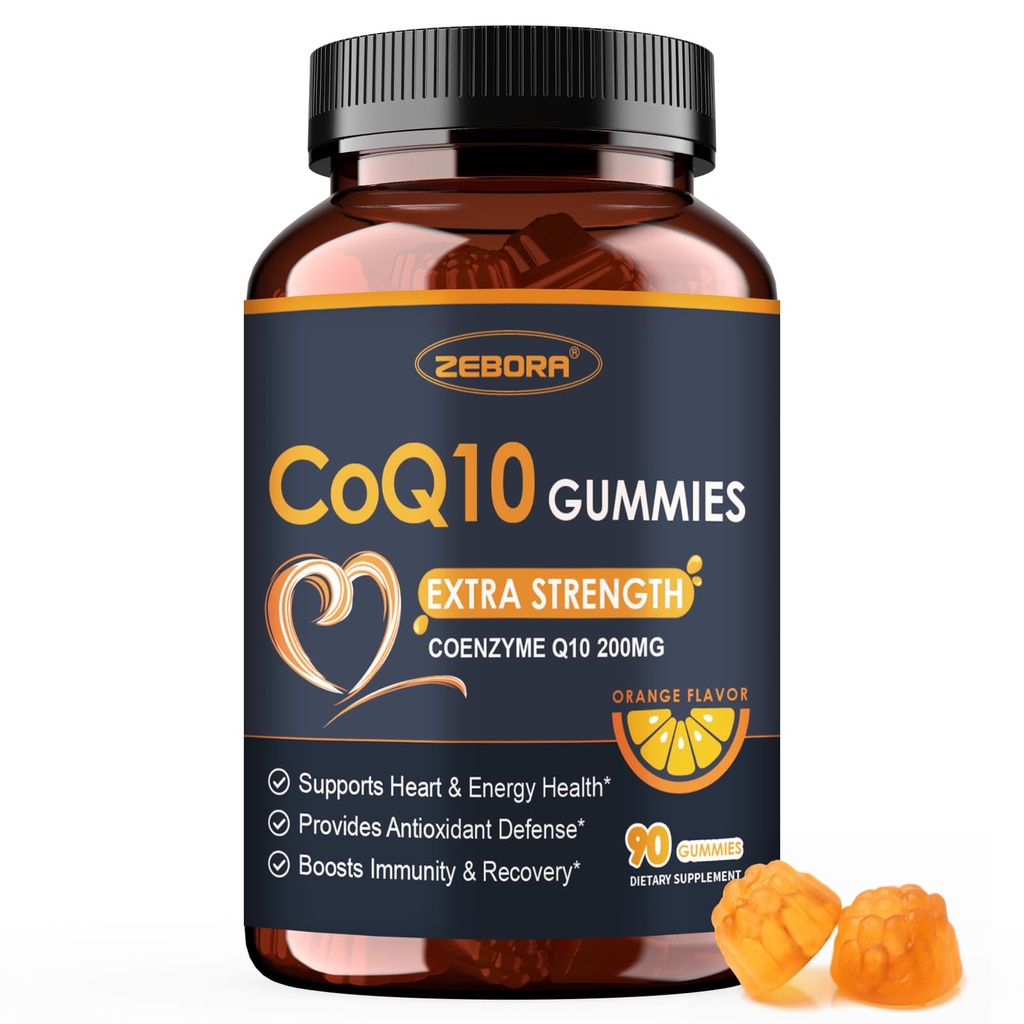 ZEBORA CoQ10 200mg Gummies, Coenzyme Q10 for Heart & Immuno Health Support, Tehokas antioksidantti, Boosts Energy, Natural Orange Flavor, non-GMO, 90 Gummies
