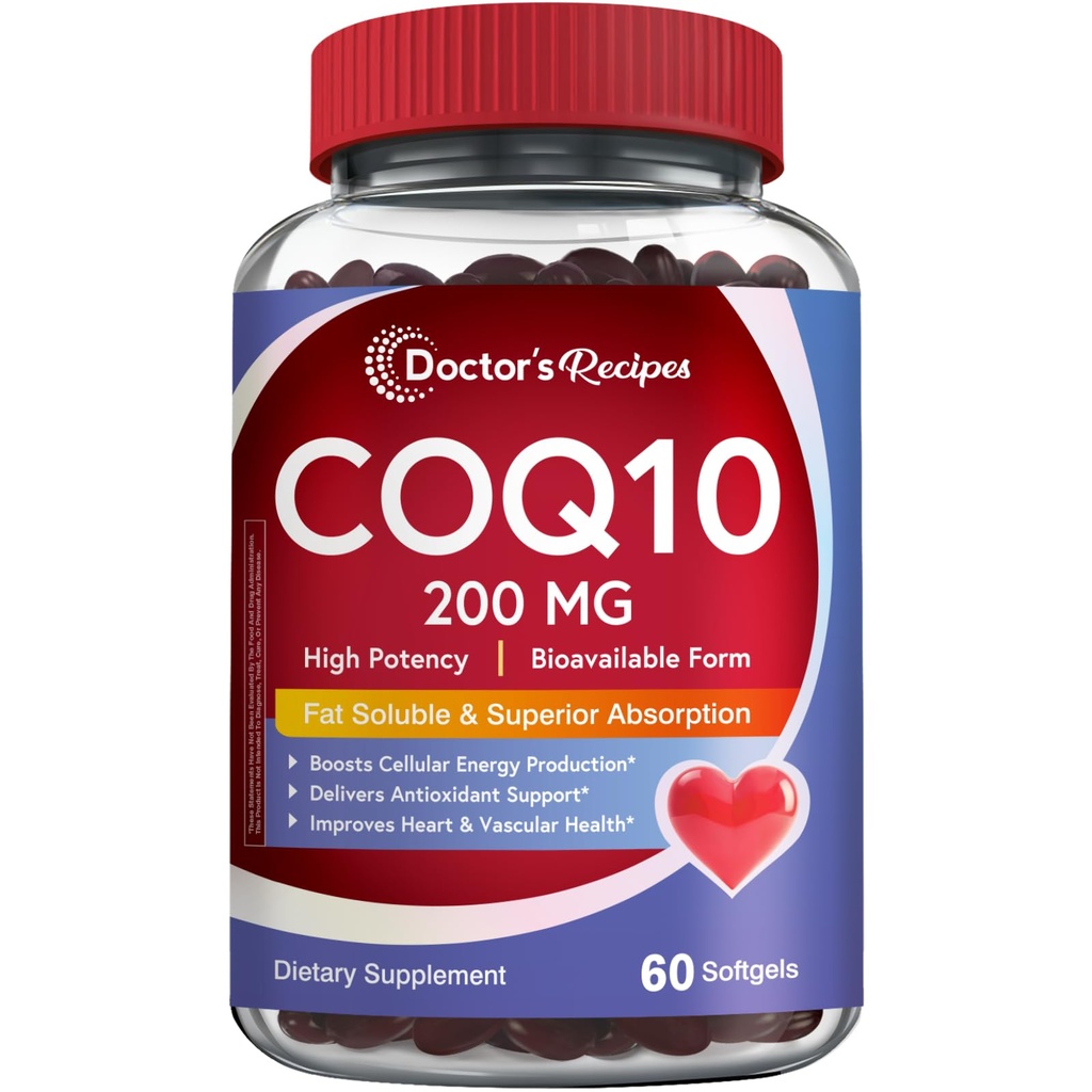 Lääkärin reseptit CoQ10 200mg, 60 Softgels, Erittäin imeytyvä Coenzyme Q10, Antioksidantti tuki & solumäärä energia Boost, parantaa sydän, Verisuoniston ja lihasten terveys, ei-GMO, ei gluteeni Dairy