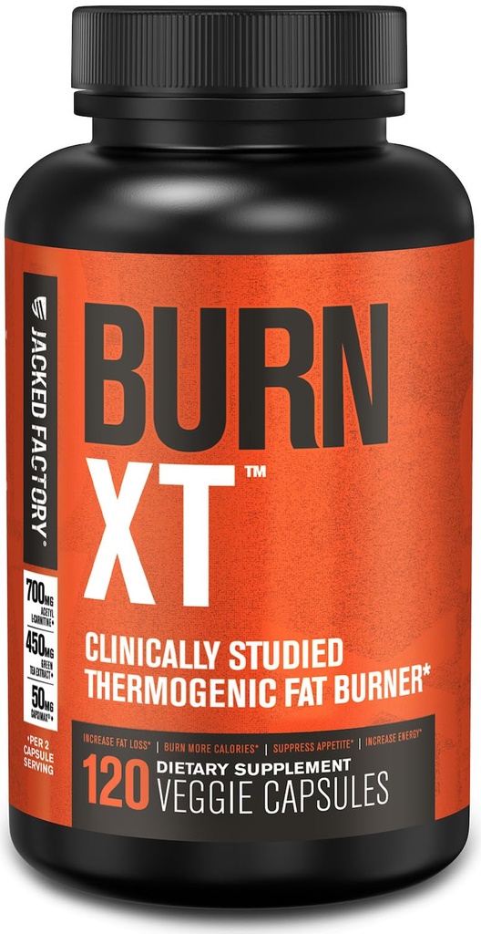 Jacked Factory Burn-XT Clinically Studied Fat Burner & Weight Loss Supplement - Appetite Suppressant & Energy Booster - med Acetyl L-Carnitine, Green Tea Extract och mer - 120 Natural Diet Pills