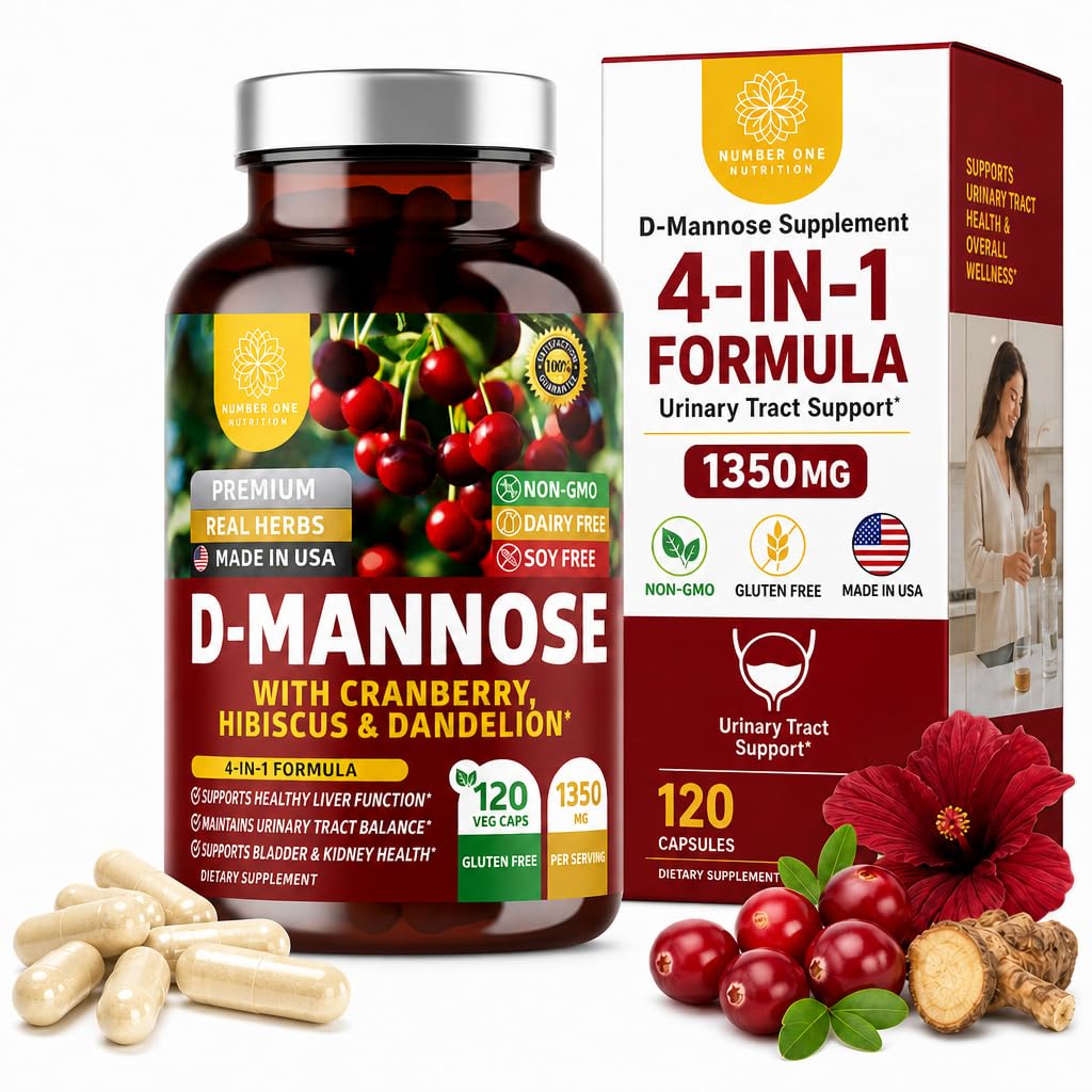 Number 1 Nutrition Premium D Mannose Supplement for Women and Men [Max Strength, 1350MG] Luonnollinen D-Mannose with Cranberry, Hibiscus and Dandelion for Unthian Tract Health, 120 kreivi