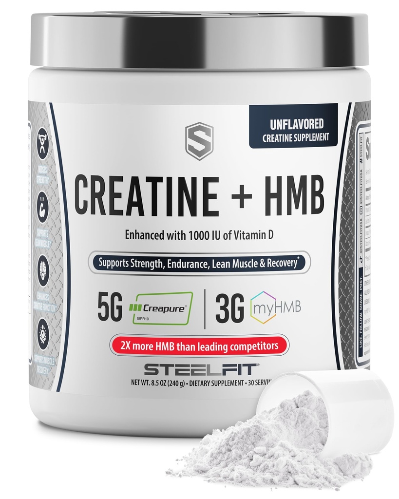 SteelFit Creatine HMB Powder - 5g Creapure Creatine Monohydraatti Powder, 3g myHMB & 1000 IU D-vitamiini - harjoitus täydentää lihasten kasvua, voimaa, Recovery & Energy - makuamaton, 30 tarjoilua