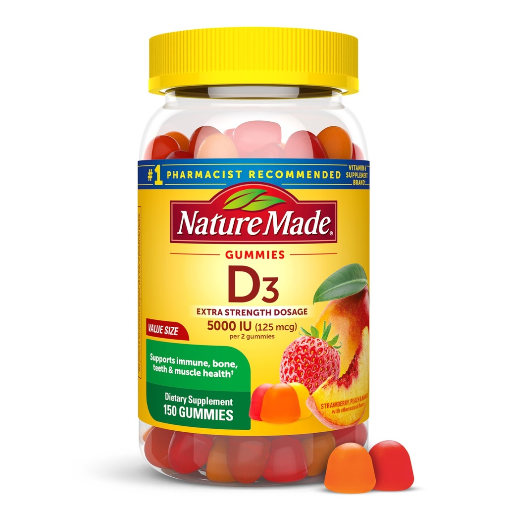 Nature Made Vitamin D3 5000 IE Per Serving Gummies Extra Strength, Bone and Immune Health Support, 150 Vitamin D Gummies för vuxna, 75 Day Supply