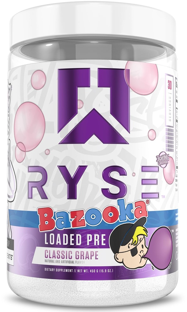 RYSE Ladattu Pre Treenout Powder - Bazooka Grape - Daily Pre-Workout miehille & naisille 390mg kofeiini, Beta Alanine, ja Citulline Pump, Focus, ja energia - 30 Servings