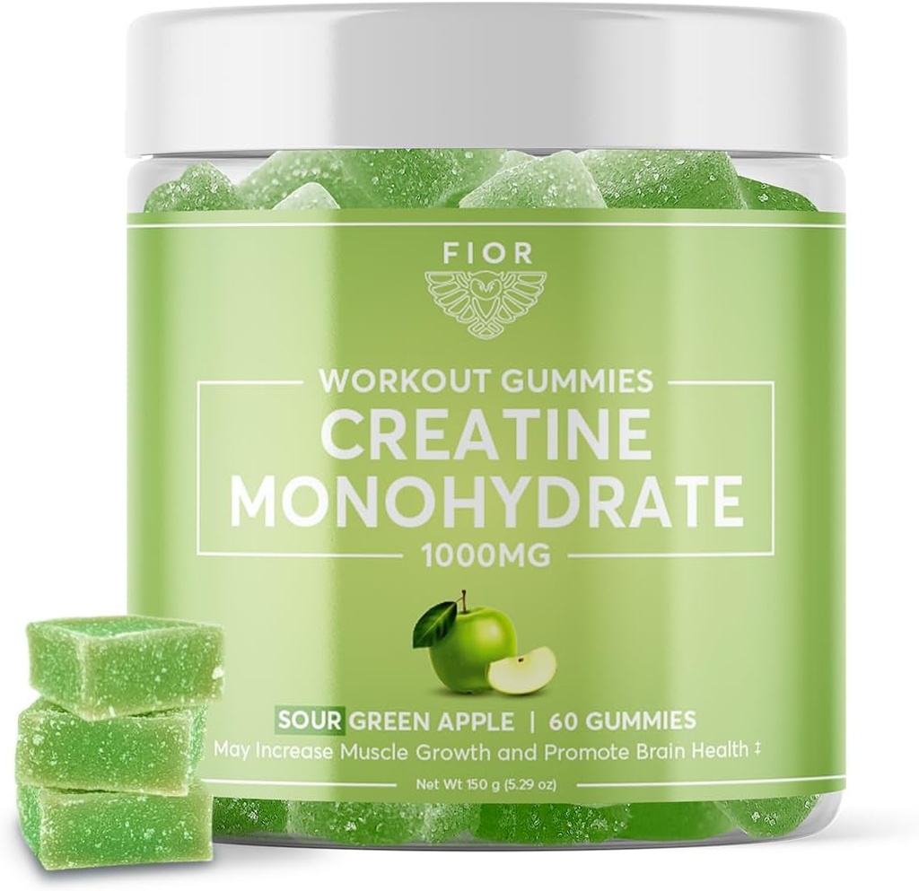 FIOR Creatine Gummy - paras Creatine Monohydraatti purutabletti, 60 kreivi, harjoitus- ja proteiinilisä, kognitiivinen lisälaite, hapan vihreä omena maku, 30 tarjoilua