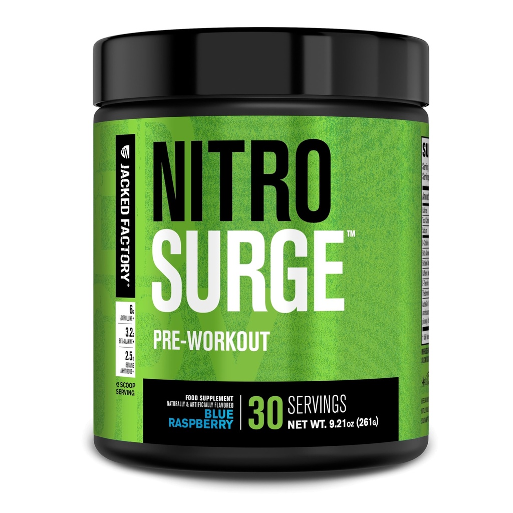 Jacked Factory NITROSURGE Pre Treenout täydennysosa - Energy Booster, Instant Strength Gains, Clear Focus & Intense Pumput - NO Booster & Powerful Preworkout Energy Powder - 30 tarjoilut, Sininen Vadelma